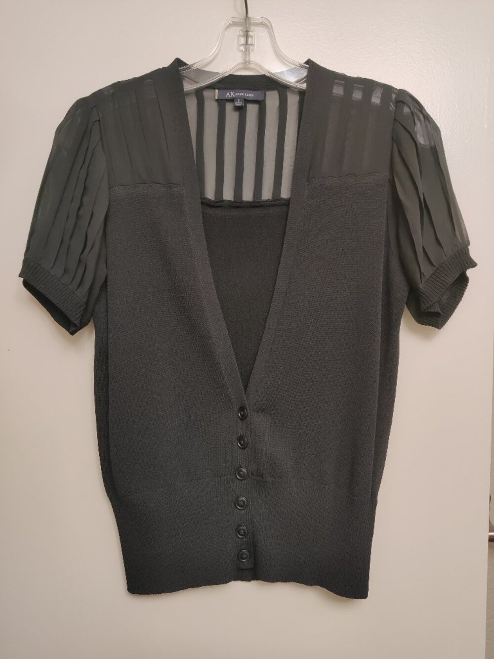 AK Anne Klein SZ-S Mesh Panel Short Sleeves Cardigan in BLACK